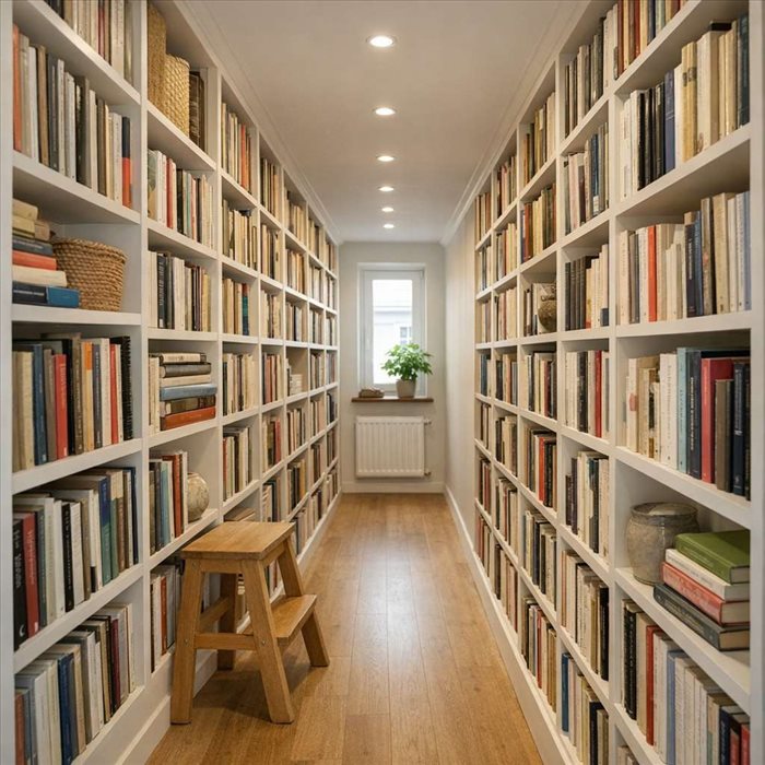 Bibliothèque dans un couloir étroit : idées et conseils