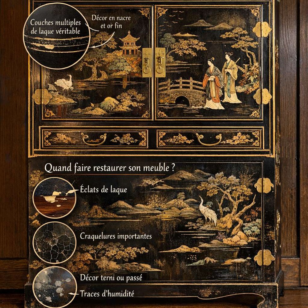 Meuble asiatique ancien : reconnaître une vraie laque, et savoir quand la faire restaurer